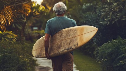 Rear view of an older man carrying a vintage surfboard, mature surfer lifestyle brand, nostalgic tone generative ai