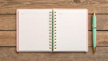 Open planner with pen and sticky notes on wooden background
