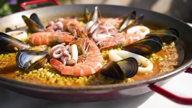 Close up of seafood paella with shrimp mussels and squid in a large metal pan outdoors