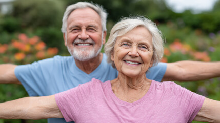 Healthy senior caucasian couple doing yoga and stretching exercises together in a garden