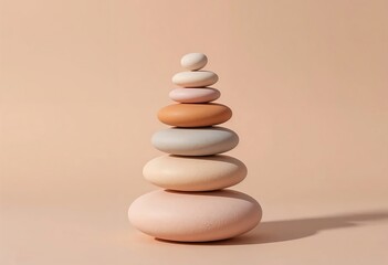 Stack of smooth, pastel-colored stones arranged in a balanced pyramid against a soft beige background.