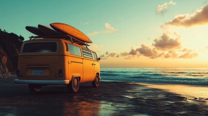 Retro-style beach van with surfboards on top, parked on the shore, sunset atmosphere generative ai