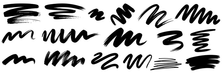 Black paint line set. brush stroke collection. Charcoal brush stroke pack for highlight, underline, emphasis. Vector rough scribble swoosh stripes. vector