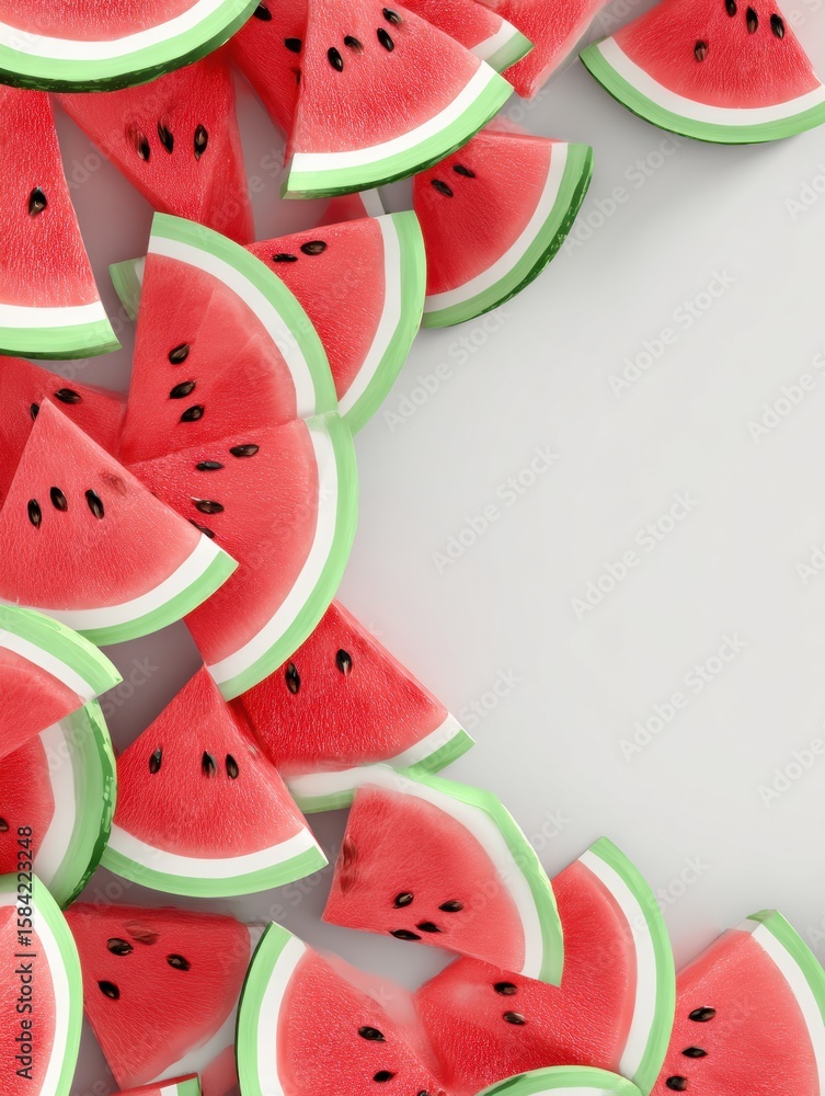Poster vibrant watermelon slices arranged in a geometric pattern with clear space on the right for creative