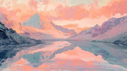 Vector illustration of a pastel-colored landscape with a lake and mountains