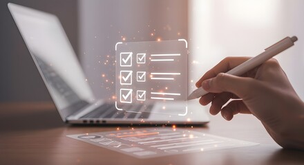 Hand using stylus with futuristic digital checklist and data dashboard on laptop screen. Concept of productivity, task management, and virtual workspace.