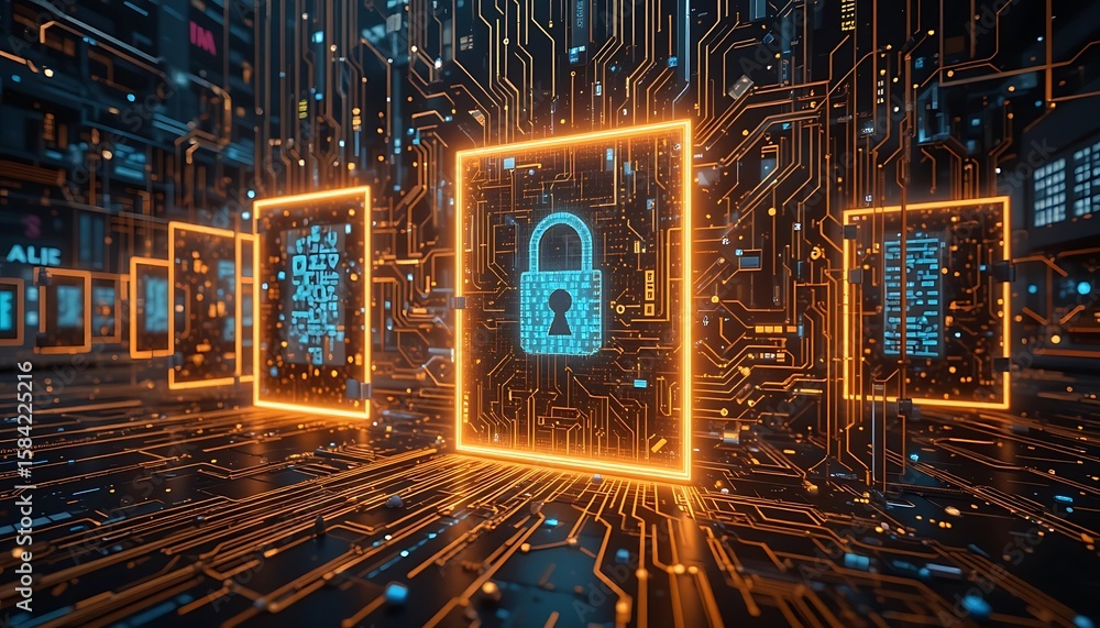 Aufkleber digital security padlock on circuit board background for data protection
