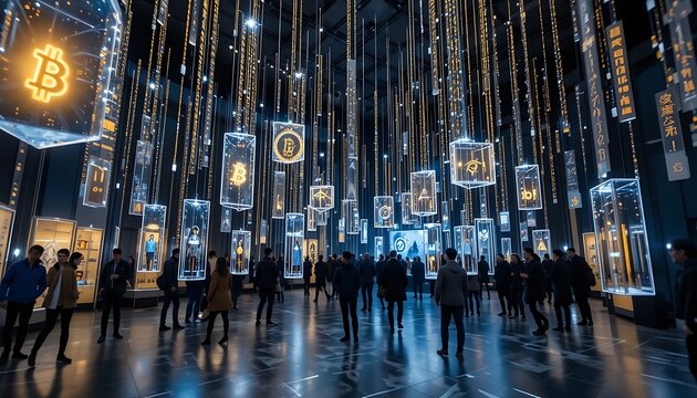 Exploring Cryptocurrency Exhibition with Bitcoin and Blockchain Art Installation - Powered by Adobe