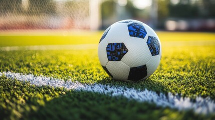 Soccer ball resting on artificial turf, generative ai