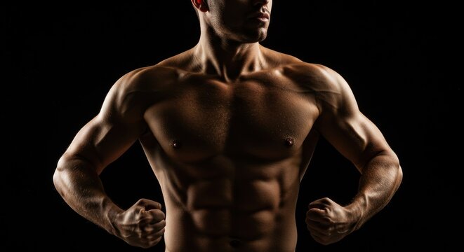 Sculpted physique of a muscular man against a stark black backdrop conveying strength
