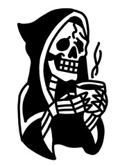 Grim Reaper enjoying a hot beverage, chilling out with coffee