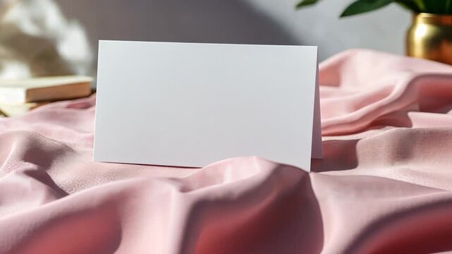 Blank white card on a pink fabric surface