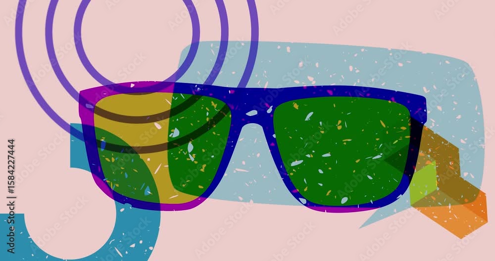Poster risograph glasses and speech bubble with geometric shapes animation. moving object in trendy riso gr