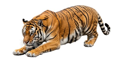 Obraz premium Focused predator: Striking tiger poised to pounce with intense gaze and powerful posture