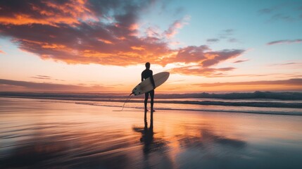 Surfer holding a board on a beach at sunset, generative ai