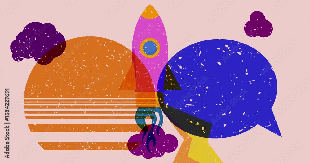 Poster risograph rocketship and speech bubble with geometric shapes animation. moving object in trendy riso