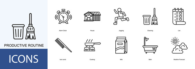 productive routine icon collection set. Containing Alarm Clock, House, Jogging, Cleaning, List icon