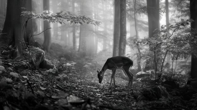 Misty forest scene with a small deer. - Powered by Adobe