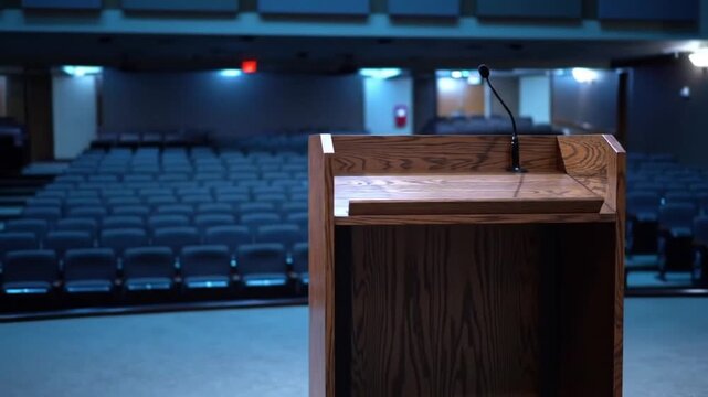 A wooden podium with a microphone stands in an empty auditorium with rows of blue seats