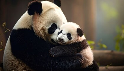 Giant Panda Mother Hugging Baby Panda Cub