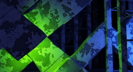 Abstract composition of geometric shapes with textured, weathered surfaces, and vibrant lighting.