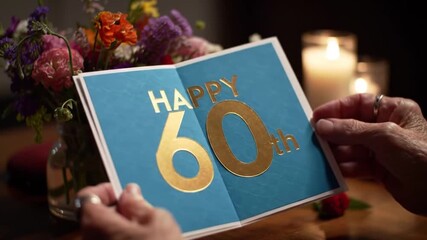 Hands Holding a 60th Birthday Card with Flowers and Candles