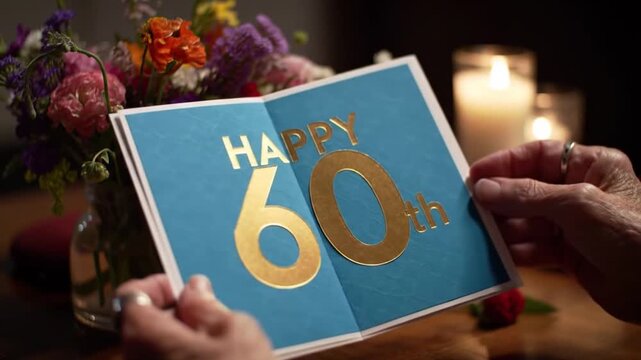 Hands Holding a 60th Birthday Card with Flowers and Candles