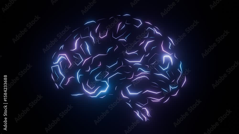Poster glowing neon brain made of abstract circuit lines representing artificial intelligence, neural netwo