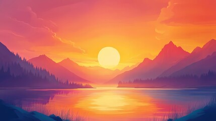 Vibrant sunset over a tranquil lake with distant mountains