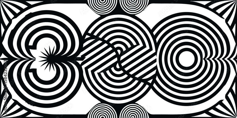 Poster vector art of an abstract black and white optical illusion pattern with concentric circles and geome