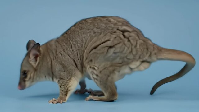 Small Grey Marsupial in Profile on Blue Background, Showing Long Tail and Large Ears