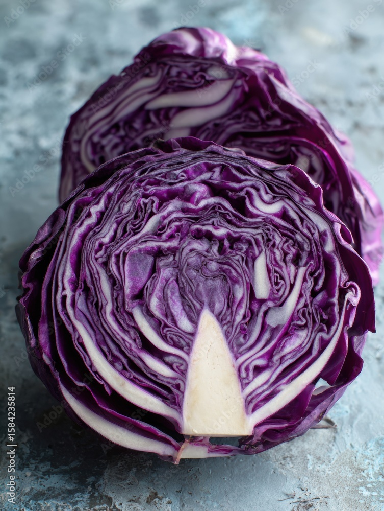 Poster sliced red cabbage forms a natural mandala pattern, revealing intricate layers in beautiful hues