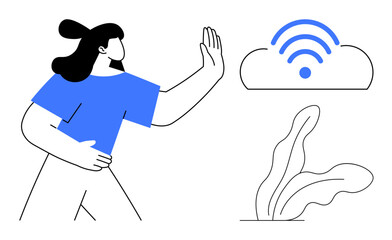Woman raising hand in stop gesture toward cloud emitting wireless signal, next to abstract leaf element. Ideal for digital safety, online privacy, technology rejection, communication, connectivity
