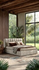 Beige upholstered bed in a modern rustic bedroom