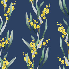 Golden wattle flowers seamless pattern decor element watercolor illustration. Acacia pycnantha Australia native plant. Golden wattle floral decoration elegant pattern design on dark background