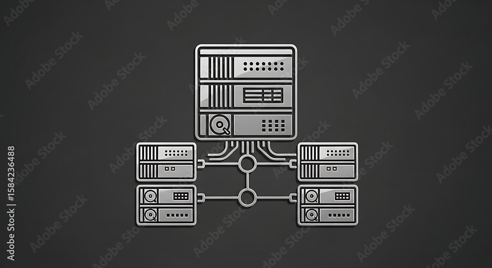 Poster illustration of a server rack connected to smaller servers on a dark gray background - ai generated