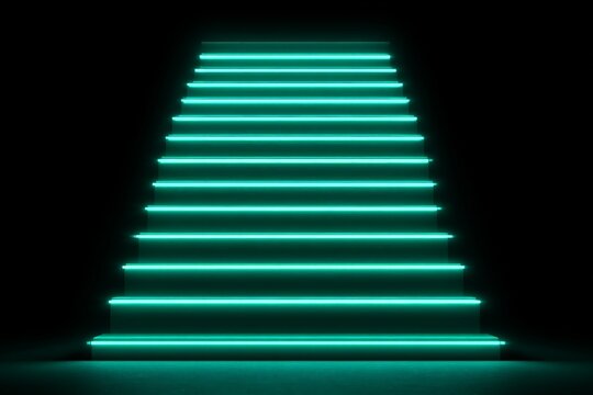 Glowing Aqua Neon Steps in Dark Background - Powered by Adobe