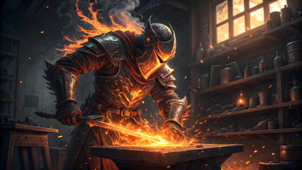 Fiery blacksmith forging metal in dark workshop