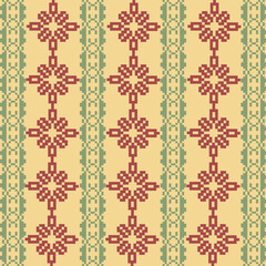 Pastel, Retro, Earthy Tone Traditional Embroidery Art Abstract with Pixel Art Designs for Textile Print