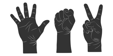 Black Silhouette of Human Hand Gestures – Open Palm, Fist, and Peace Sign Illustration