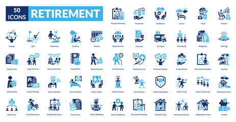 Retirement fill icon collection set. Includes pension, savings, relax, senior, leisure, travel, freedom, finance, planning, investment, security, future, income, nest egg, health