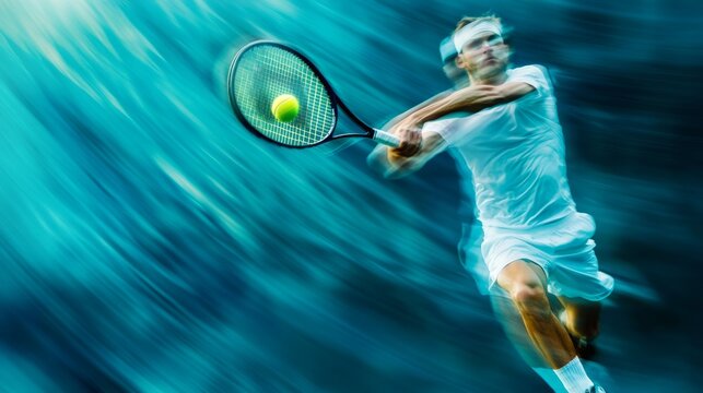 Tennis player serving ball, motion blur effect, focus on ball and racket, generative ai