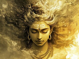 Illustration of a deity with long hair, closed eyes and a mark on the forehead, surrounded by golden light.