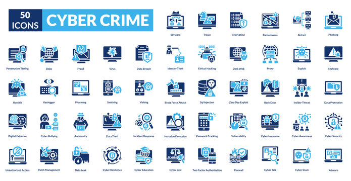 Cyber crime fill icon collection set. Includes hacker, malware, phishing, ransomware, spyware, breach, fraud, firewall, encryption, password, identity, scam, virus, threat, surveillance