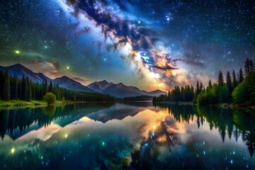Majestic milky way galaxy reflects in a serene mountain lake surrounded by pine forests
