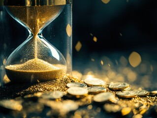 Golden hourglass over a pile of coins, symbolizing the passage of time and financial investment.