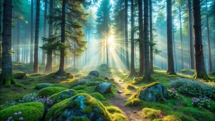 Obraz premium Sunbeams Through Enchanted Forest