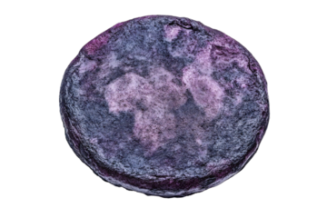 Close-up shot showcases a vibrant, textured, round object with blue, purple, and gray hues against a transparent background, ideal for science or abstract art, silhouette