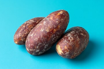 Studio shot of three ripe safou fruits against a blue background