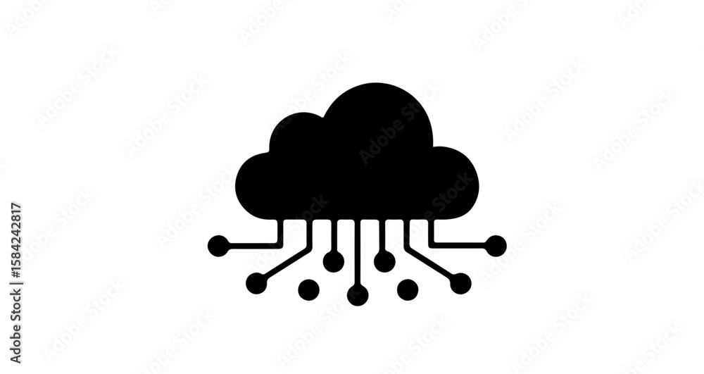 Fototapete black cloud with circuit board connections and dots representing data flow in simple design style